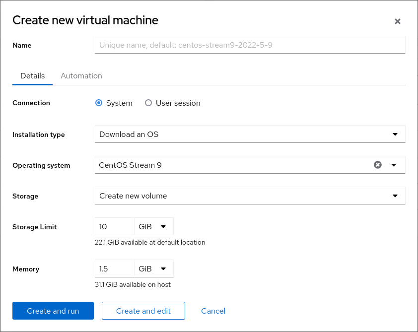 create VM dialog with a generated default name