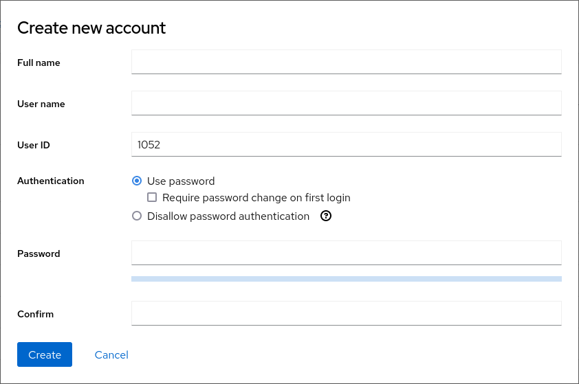 account creation dialog showing an entry for user ID
