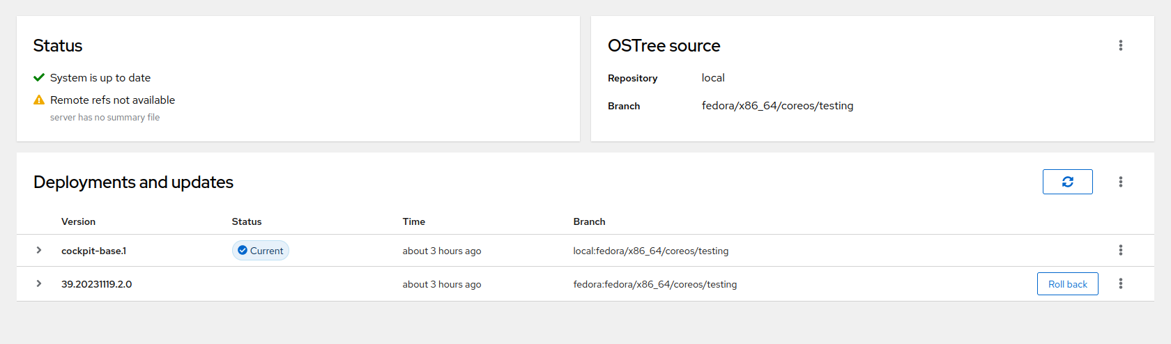 new design of the OSTree page, showing off the status card