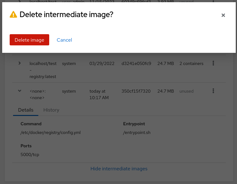 screenshot of the "delete intermediate images" modal dialog