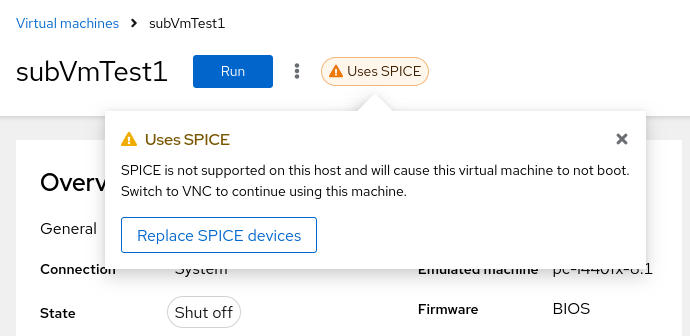 screenshot of action to replace spice devices