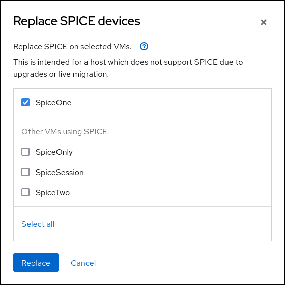 screenshot of the "Replace SPICE devices" dialog with options to include multiple machines