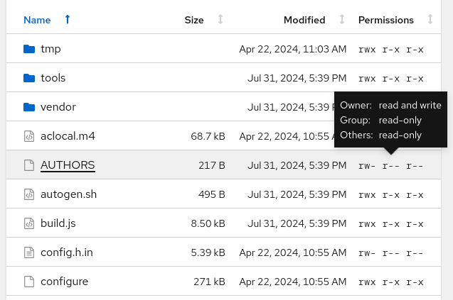 screenshot of files in a detail view with a tooltip to explain permissions