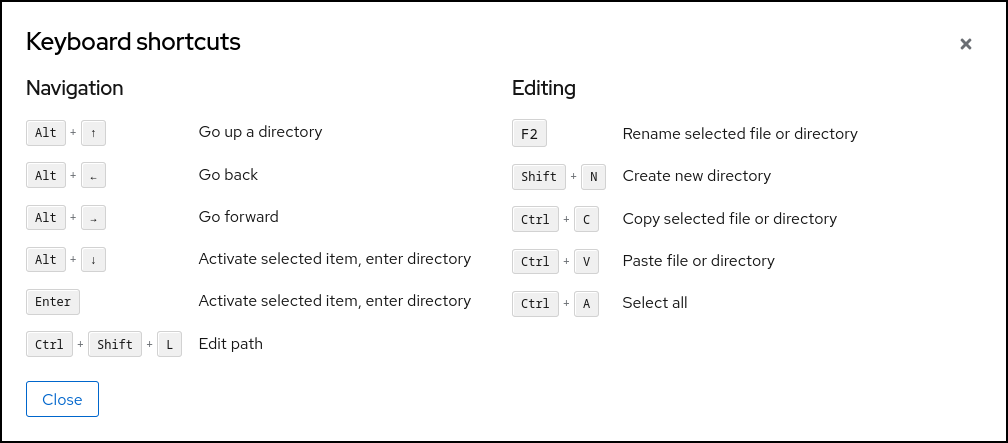 screenshot of basic keyboard shortcuts