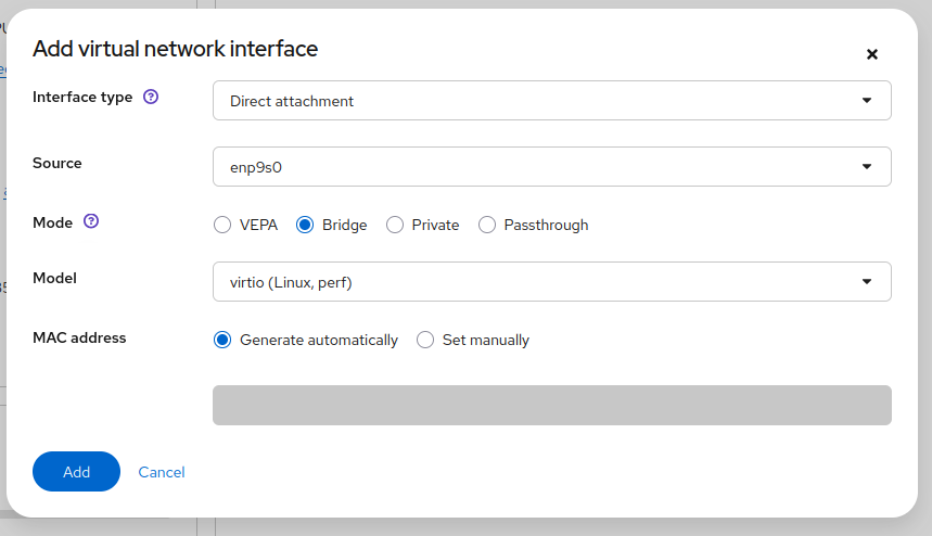 Screenshot showing off new form selection, it includes an information button for "Source" as well as a radio button to select either VEPA, Bridge, Private, or Passthrough.