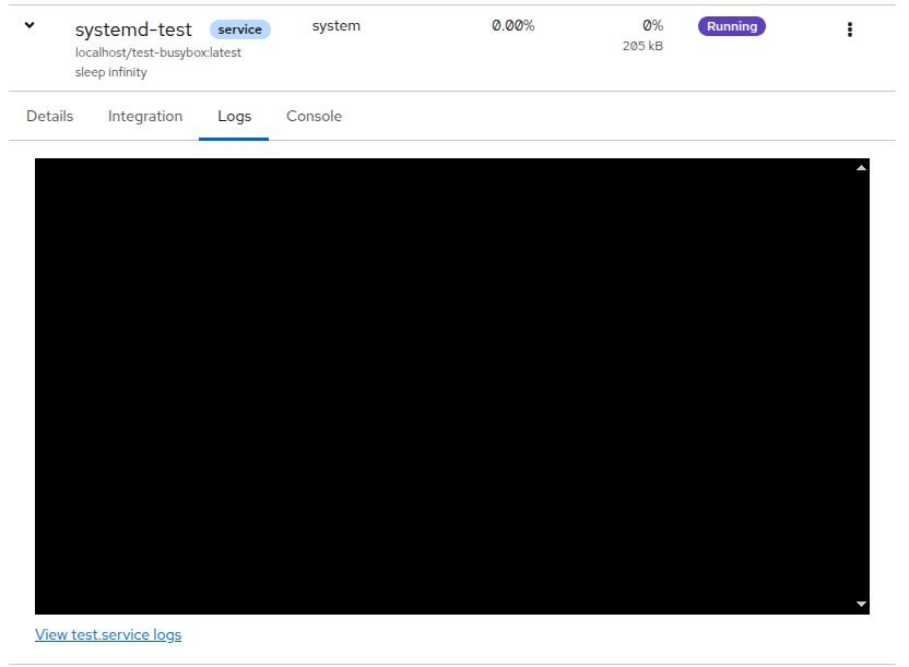 An image of a podman logs page for a container called "systemd-test" below the black logs box is a link saying "View test.service logs".