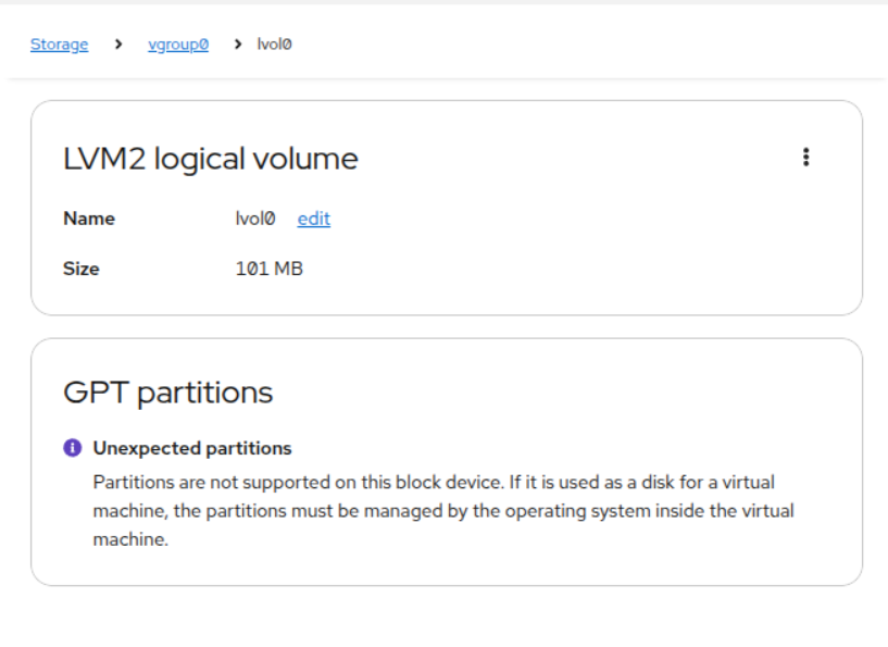 Screenshot showing a notice inside a GPT partitions card saying "Unexpected partitions" in bold, followed by a description saying "Partitions are not supported on this block device. If it is used as a disk for a virtual machine, the partitions must be managed by the operating system inside the virtual machine."