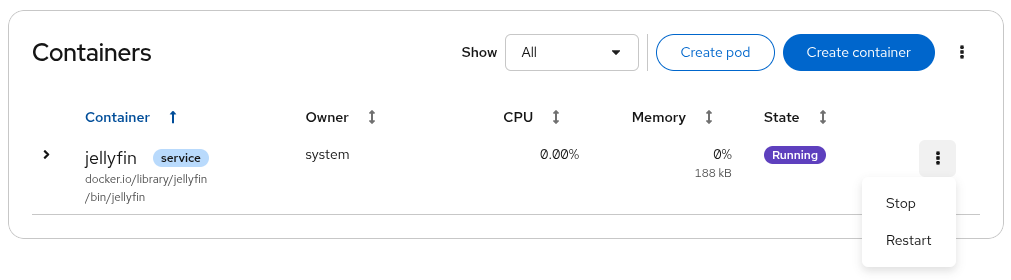 screenshot of an inactive podman quadlet with stop/restart actions