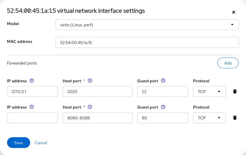 screenshot of the port forwarding dialog