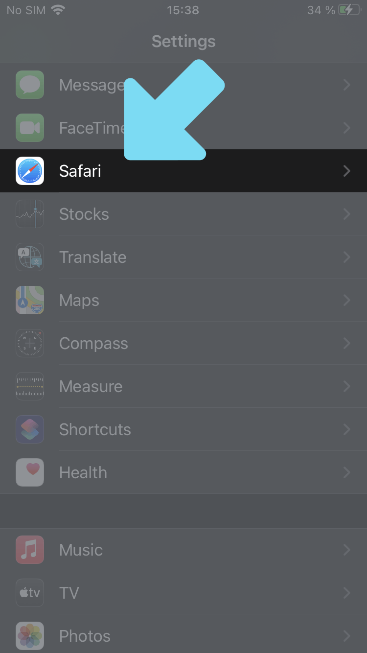 Safari settings highlighted