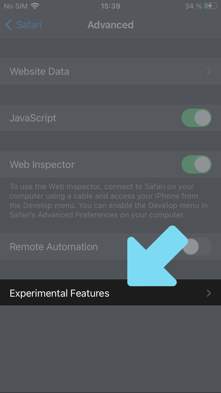"Experimental Features" highlighted