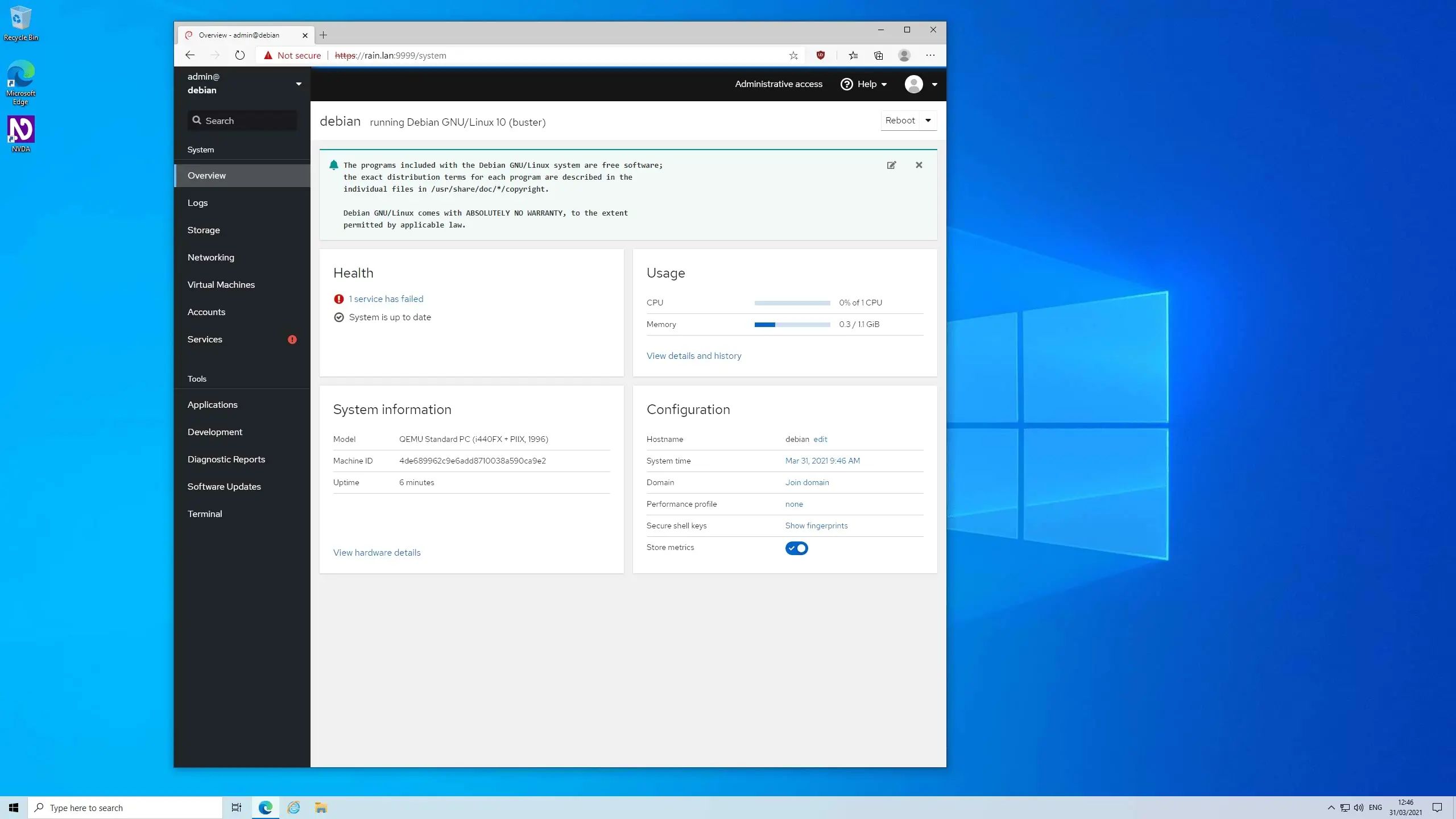 Cockpit works where you are (Pictured: Connecting to Debian server from Microsoft Edge on Windows 10)