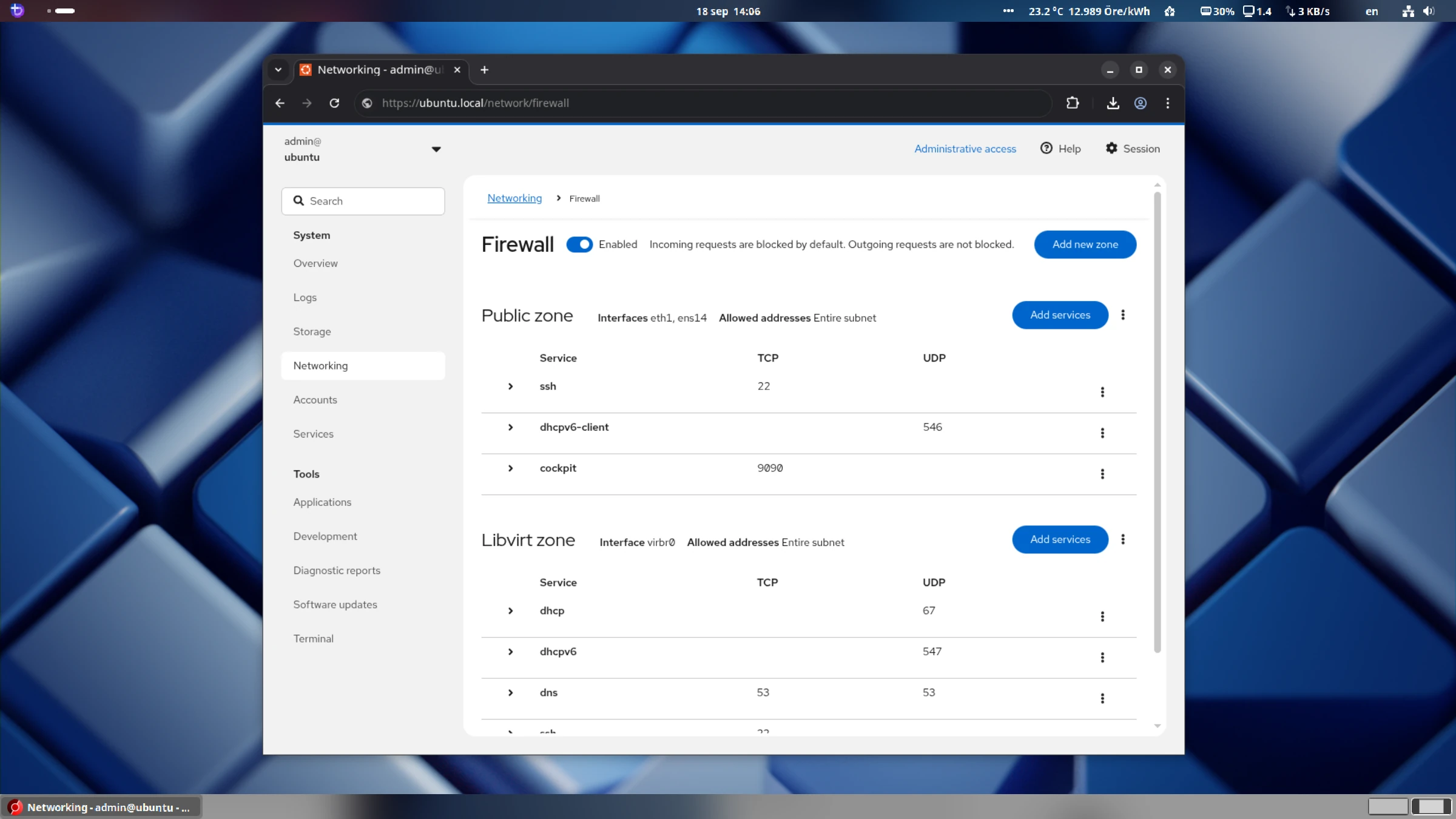 Edit the firewall with ease (Pictured: Cockpit Web Console on Ubuntu 24.04, connected from Bazzite 42)