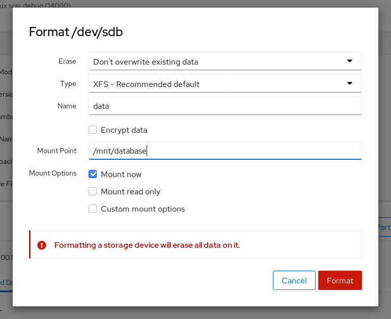 Storage format dialog